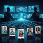 FBI agents monitoring active surveillance feeds with multiple smartphone video calls displayed