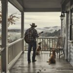 A man playing guitar on a porch with two dogs watching the view