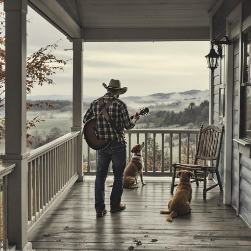shutterstock_2704622775.jpg A man playing guitar on a porch with two dogs watching the view