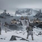 Military personnel disembarking from vehicles in a snowy arctic landscape with naval ships in the background