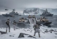 Military personnel disembarking from vehicles in a snowy arctic landscape with naval ships in the background