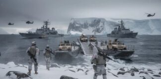 Military personnel disembarking from vehicles in a snowy arctic landscape with naval ships in the background