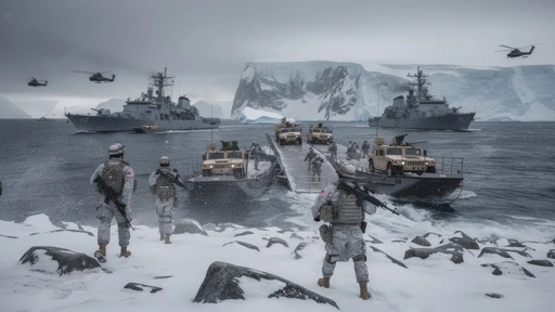 Military personnel disembarking from vehicles in a snowy arctic landscape with naval ships in the background