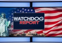 Graphic featuring the Statue of Liberty and an American flag with the text 'WATCHDOG REPORT'