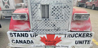 Front of truck with Stand Up Canada Truckers Unite.