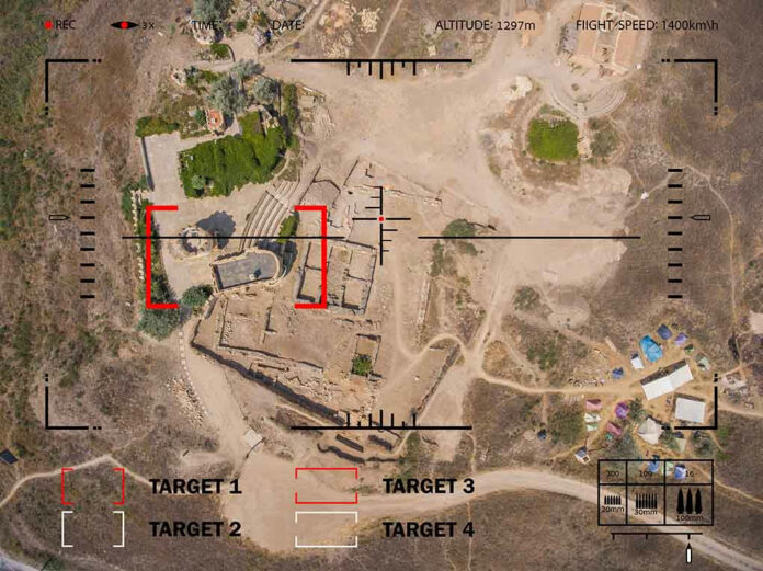 500925580 Aerial view through targeting system of ancient ruins.