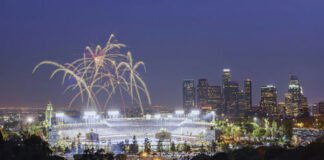 Fireworks above a brightly lit stadium at night with city skyline