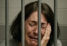 A woman in a prison cell showing signs of emotional distress