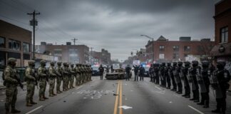 Military and police forces facing off in a street during a tense situation