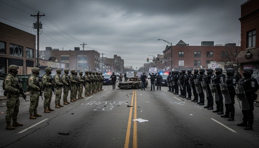 Military and police forces facing off in a street during a tense situation