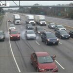 A traffic incident on a highway with multiple vehicles involved