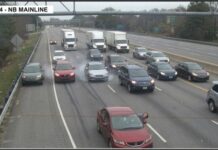 A traffic incident on a highway with multiple vehicles involved