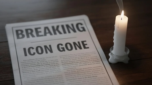 "breaking","icon,Gone",With,A,White,Candle,Mourning,Obituary A newspaper with the headline 'BREAKING ICON GONE' next to a lit candle