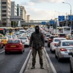 A man in a mask standing in the middle of a congested city street