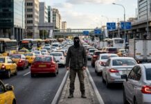 A man in a mask standing in the middle of a congested city street
