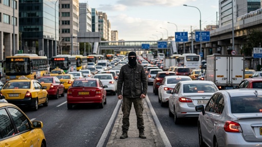 A man in a mask standing in the middle of a congested city street