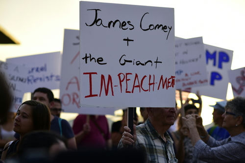 Protestors with signs, central sign references James Comey.
