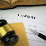 Lawsuit documents with gavel and pen.