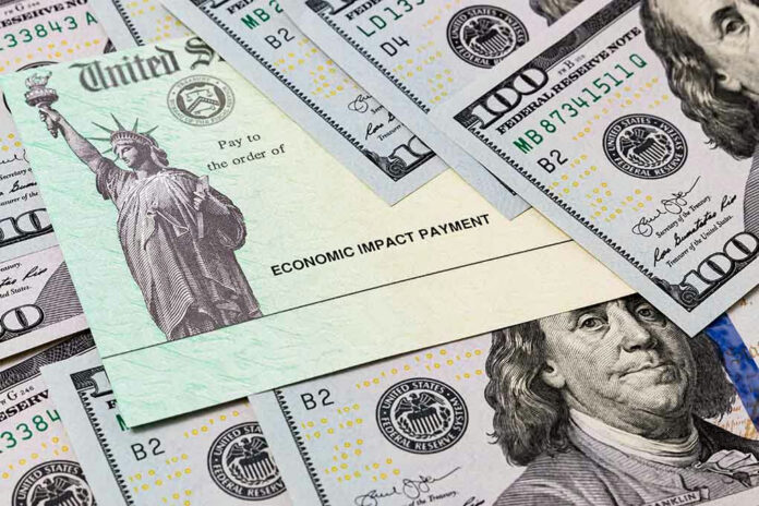 Economic Impact Payment check surrounded by hundred-dollar bills.