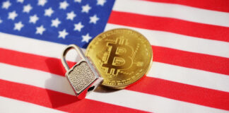 Bitcoin and padlock on American flag.
