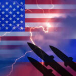 USA and Russia flags with missiles and lightning bolts.