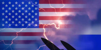 USA and Russia flags with missiles and lightning bolts.
