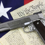 Supreme Court Smacks Down Pot Gun Ban Gun on U.S. Constitution with American flag background.