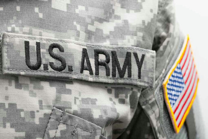 U.S. Army uniform with American flag patch.