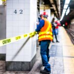 Construction worker on subway platform with caution tape