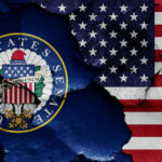 United States Senate seal and American flag, cracked paint.