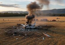 Fireball Near Runway Stuns Locals A crashed airplane emitting smoke with emergency responders on site