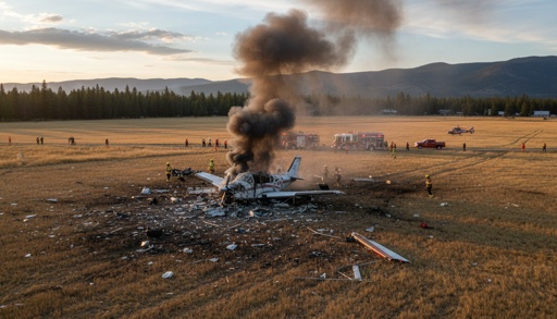 Small,Plane,Crash,With,Smoke,In,Feild A crashed airplane emitting smoke with emergency responders on site