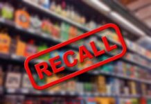 Recall notice over blurred store shelves.