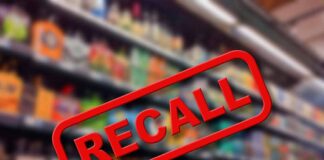 Recall notice over blurred store shelves.