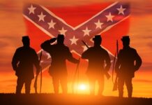 Silhouettes of soldiers against a Confederate flag sunset.