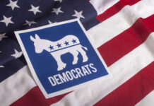 Democratic Party symbol on American flag background.