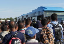 People crowding around blue bus outdoors.